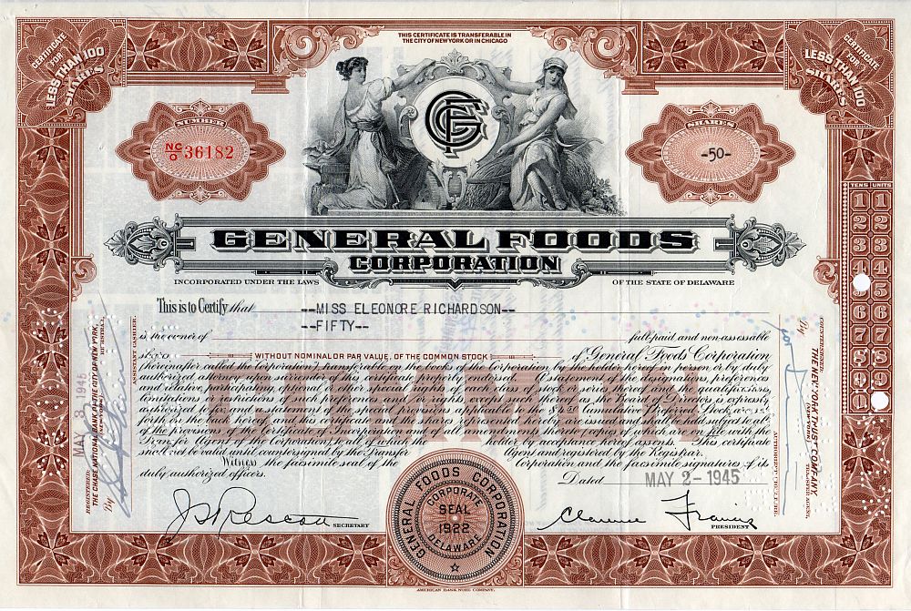 General Foods Corp, 1960s-70s Stock Certificate